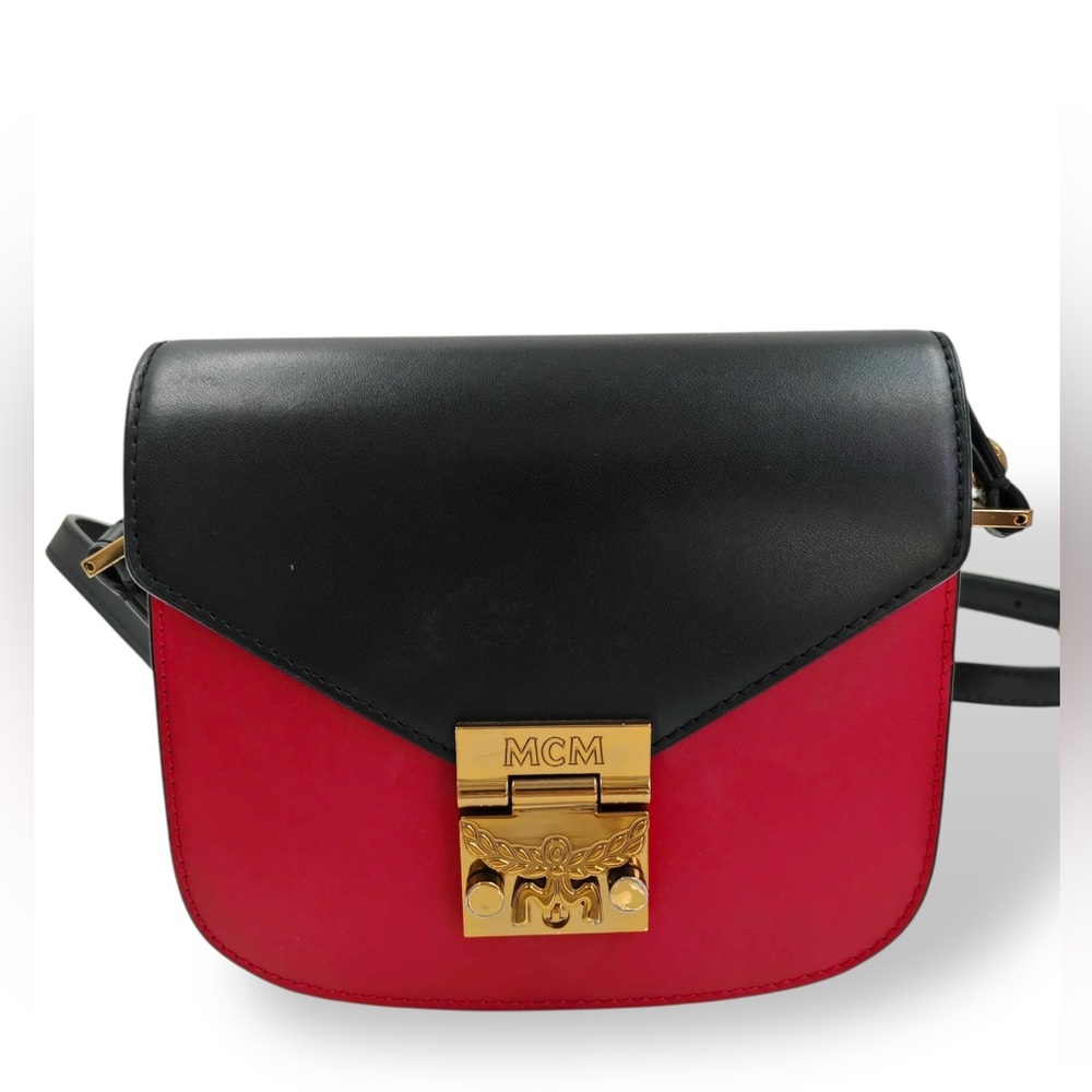 Authentic MCM Patricia Visetos Leather Crossbody Bag Black Red Gold Hardware